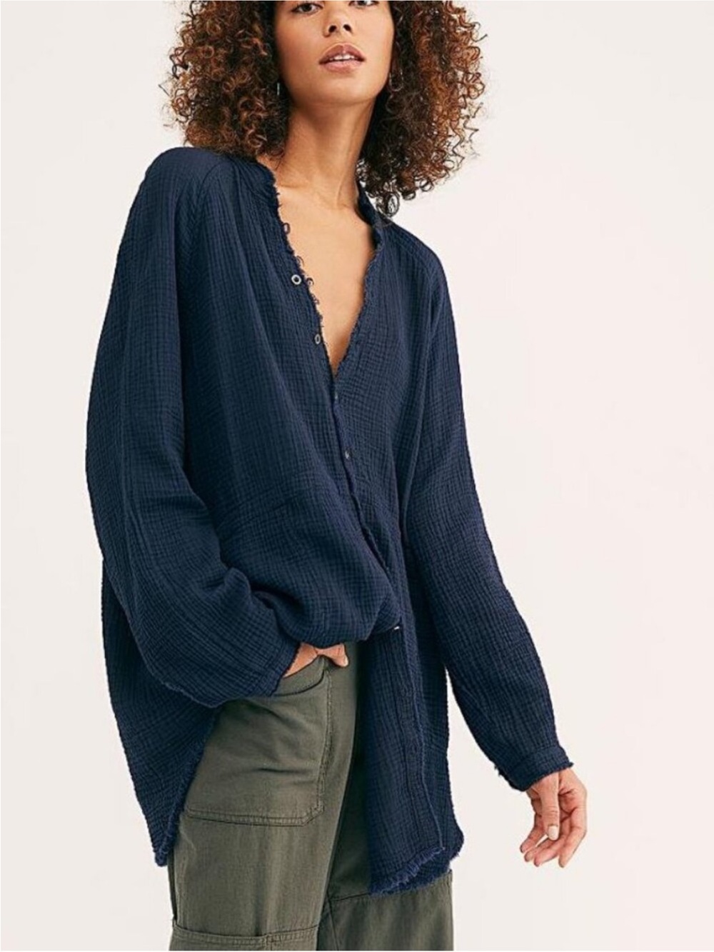 Free People Navy Button-Down Summer Daydream Gauzy Raw Hem Shirt